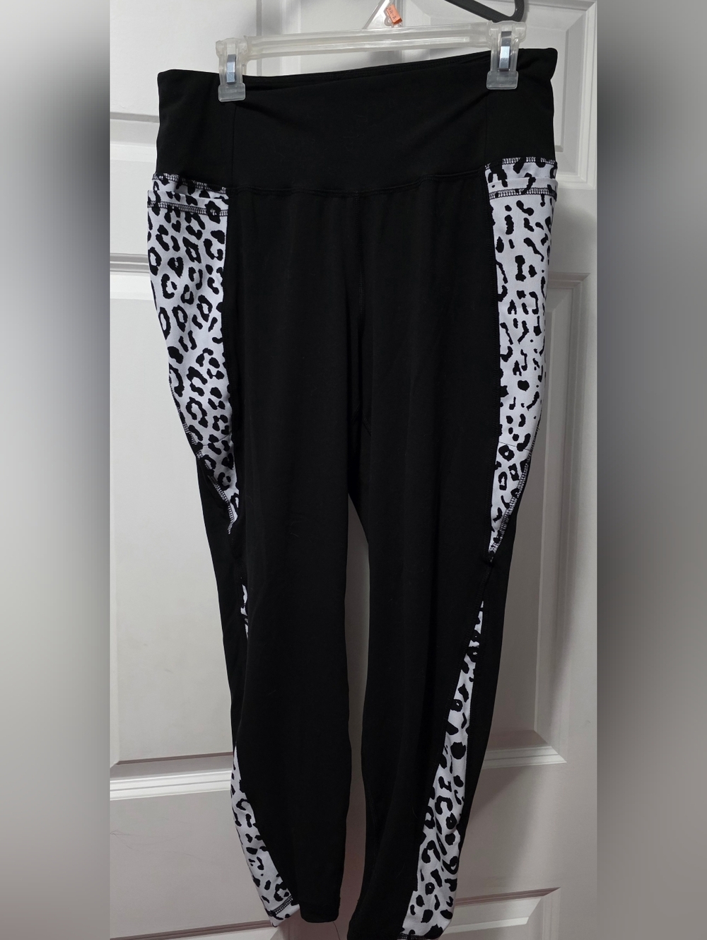 Livi Active Black Leggings with White Leopard Side Panels